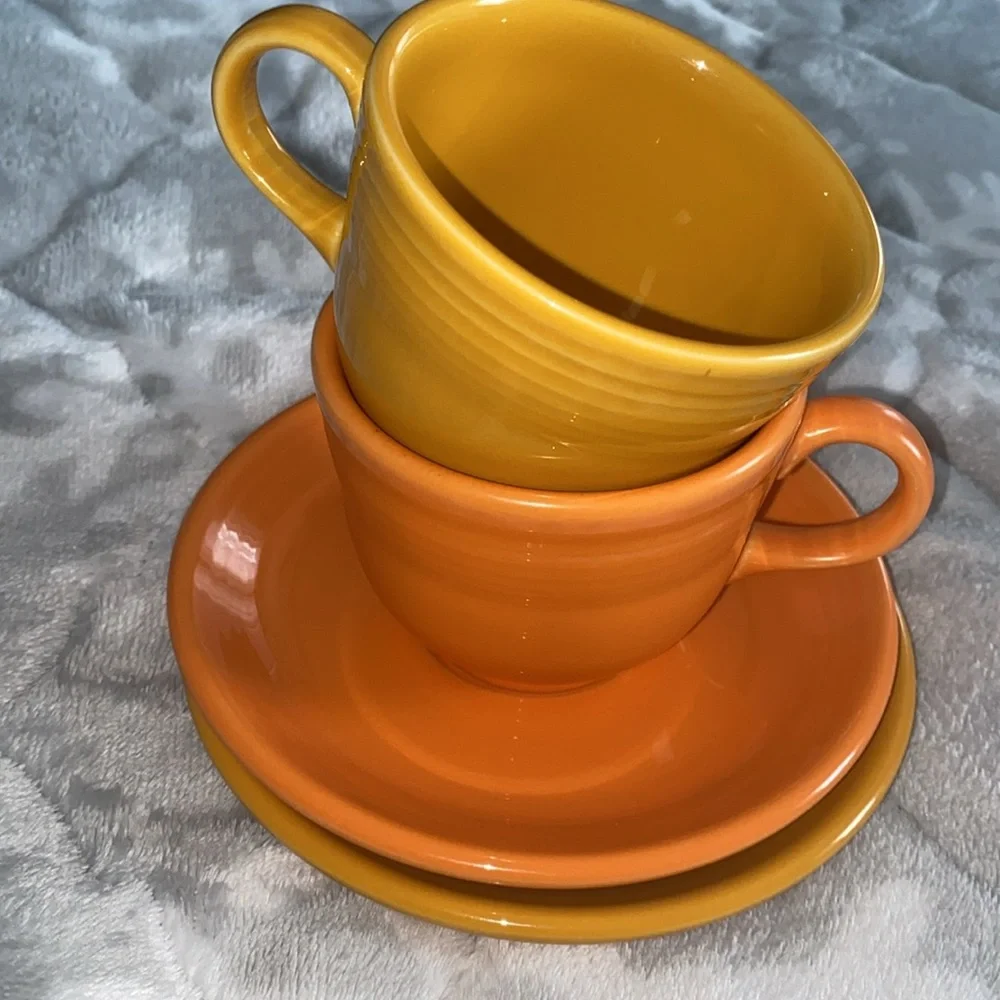 Fiesta Homer Laughlin Orange Teacup Set Saucers Cups Lead Free USA‎ made